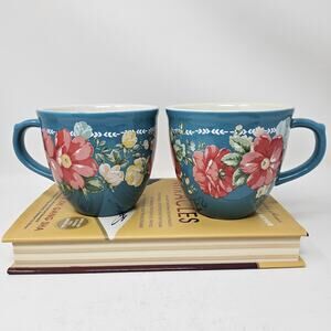 Pioneer Woman Cup 2 Pc Vintage Floral Teal Turquoise Red Coffee Mug 16 oz